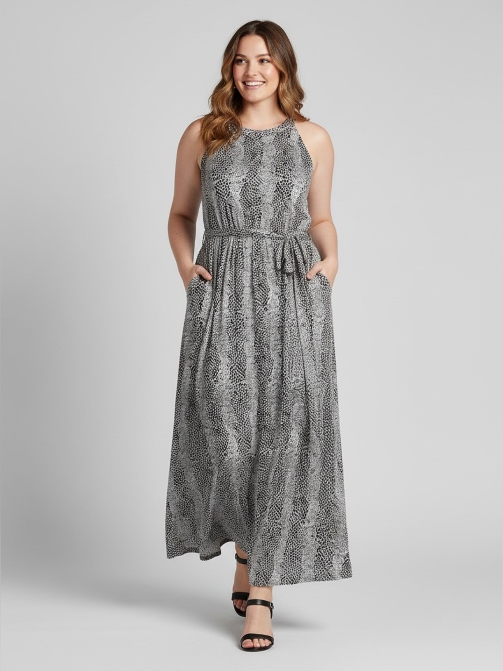 Lane Bryant Animal Print Sleeveless Maxi Dress Halter Black White Size 14 16 NWT